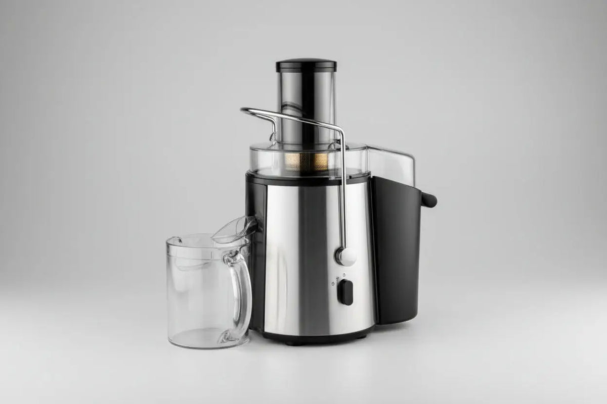 Centrifugeuse XL CB-CF-1000 en acier inoxydable et noir avec une carafe en verre transparent à côté
