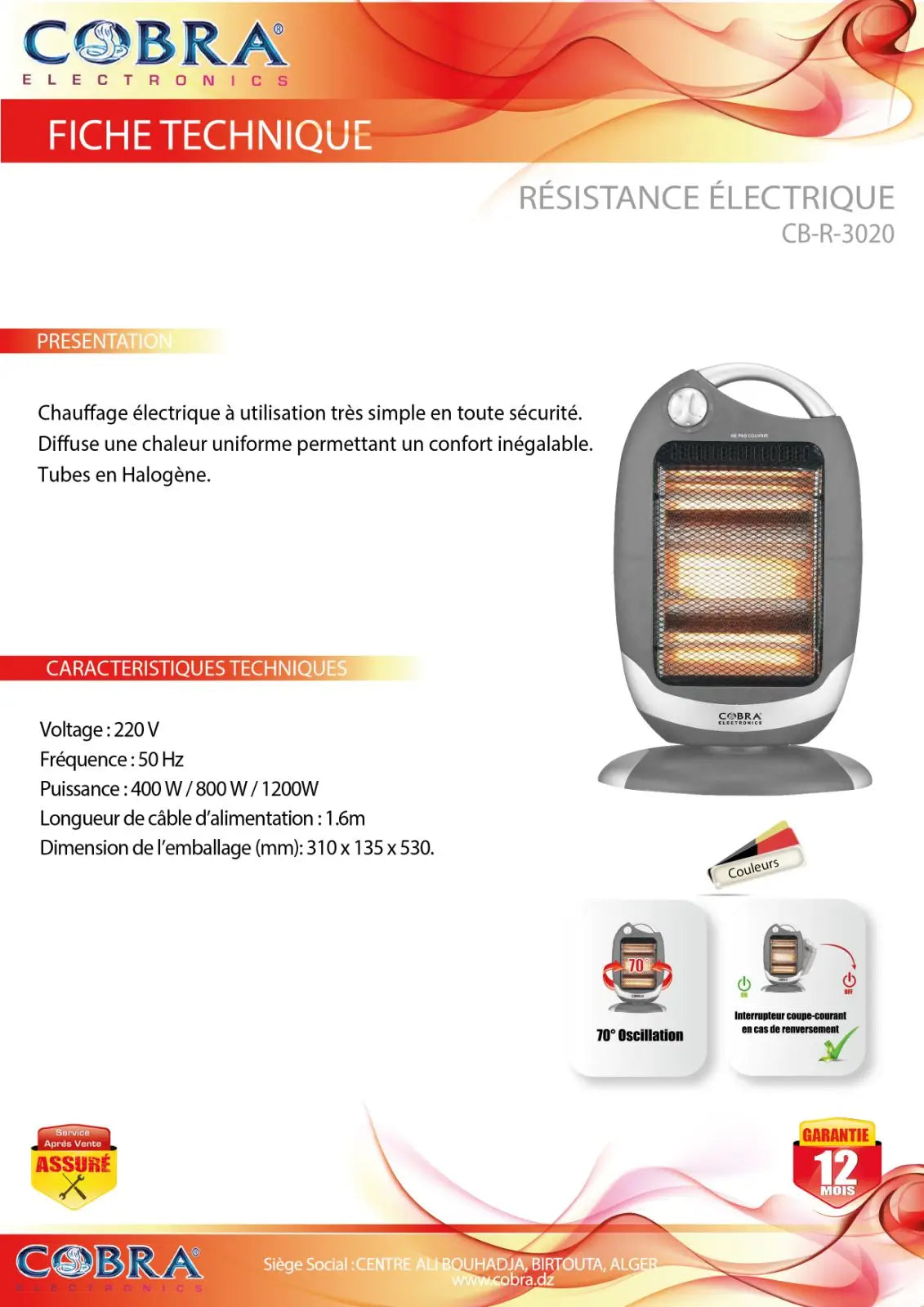 Chauffage electrique 3020 cobra cb-r-3020 gris et argent avec tubes halogènes pour chauffage rapide