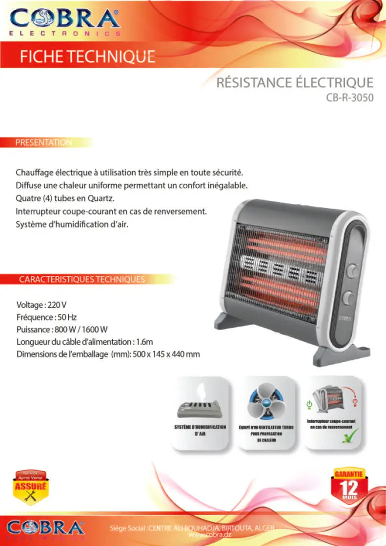 Chauffage électrique cobra cb-r-3050 gris et argent avec quatre tubes en quartz pour chauffage efficace