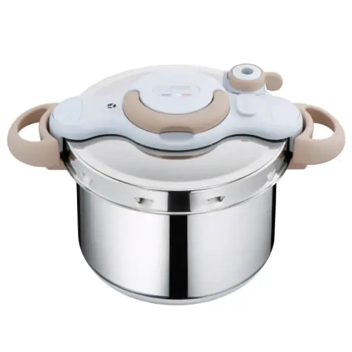 Autocuiseur clipso minut eco 7,5 l en acier inoxydable avec couvercle blanc beige et poignées ergonomiques
