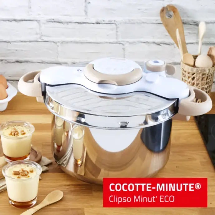 Cocotte-minute clipso minut eco 7,5 l en acier inoxydable avec accents blancs et beiges au design moderne élégant