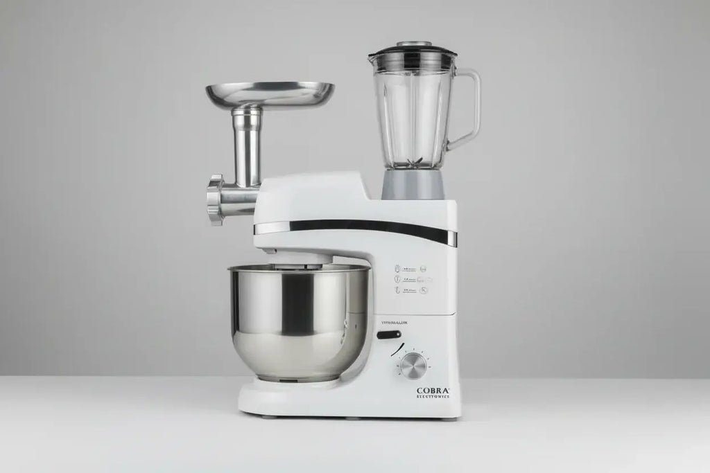 Appareil de cuisine multifonction cobra blanc avec bol mélangeur inox 6,5 litres broyeur viande et blender jar