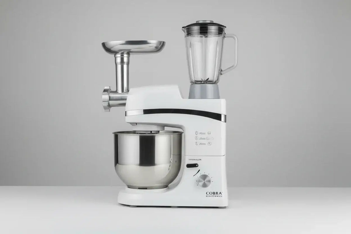 Appareil de cuisine multifonction cobra blanc avec bol mélangeur inox 6,5 litres broyeur viande et blender jar