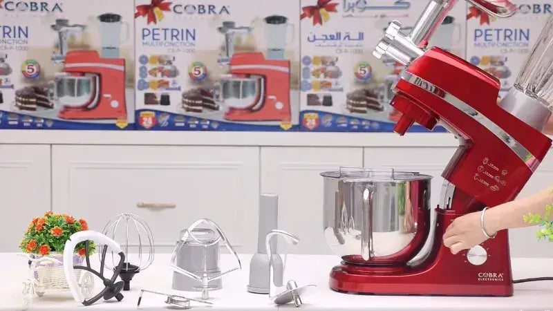 Mixeur sur socle cobra rouge 6,5 litres avec bol inox et plusieurs accessoires 2000 watts 5 en 1