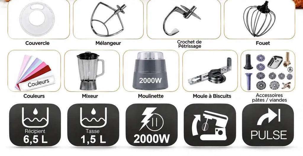 Mixeur sur socle cobra gris 2000w avec capacité 6,5l et gobelet doseur 1,5l inclus pour usage polyvalent