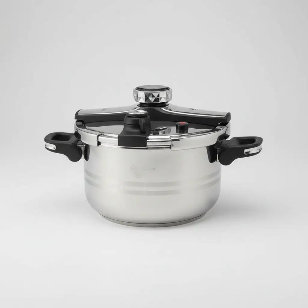 Cocotte clipso bbf en acier inoxydable avec poignées noires en plastique et bouton de couvercle à motif diamant