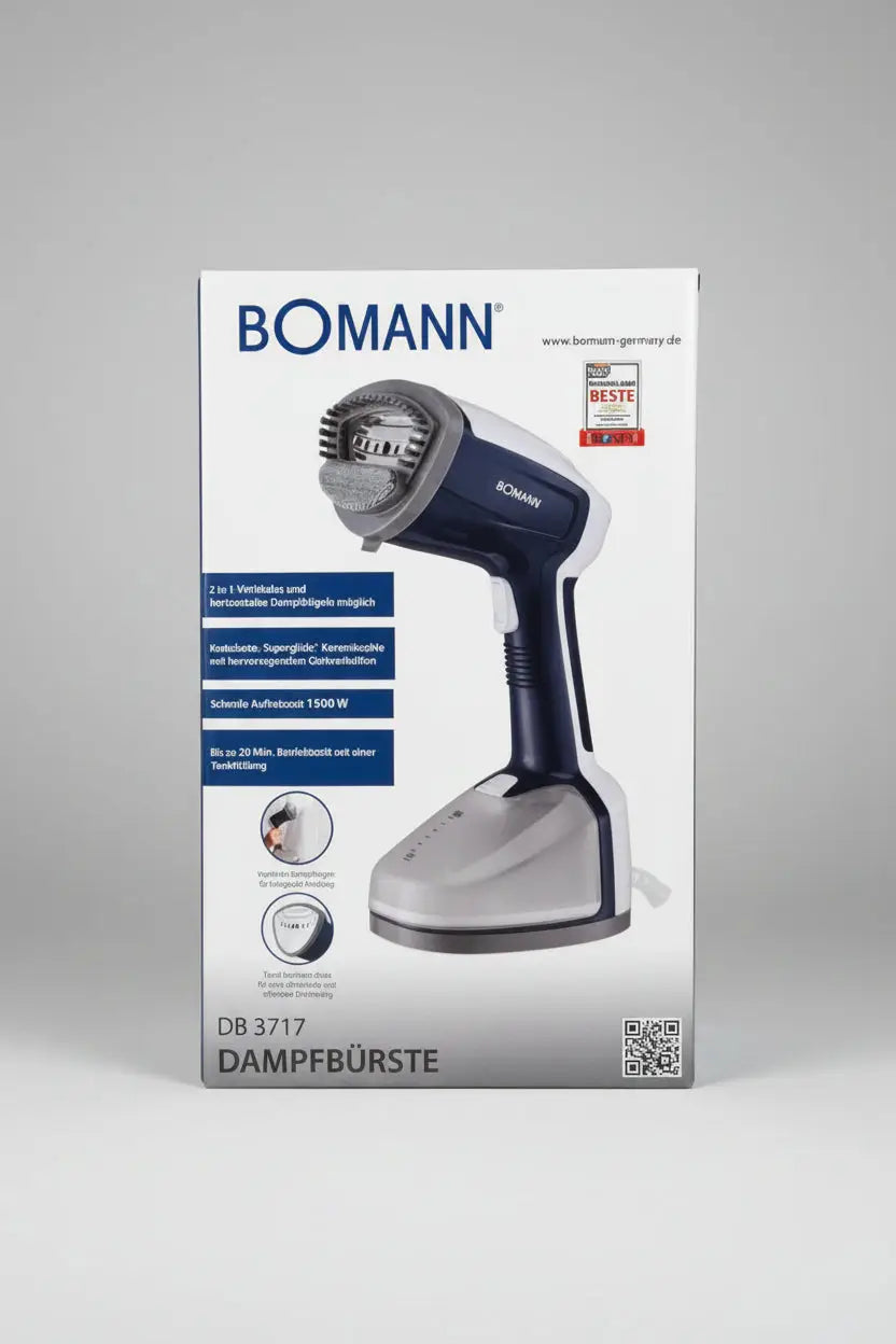 Défroisseur à main bomann db 3717 avec corps bleu marine et blanc, poignée ergonomique et réservoir d’eau transparent