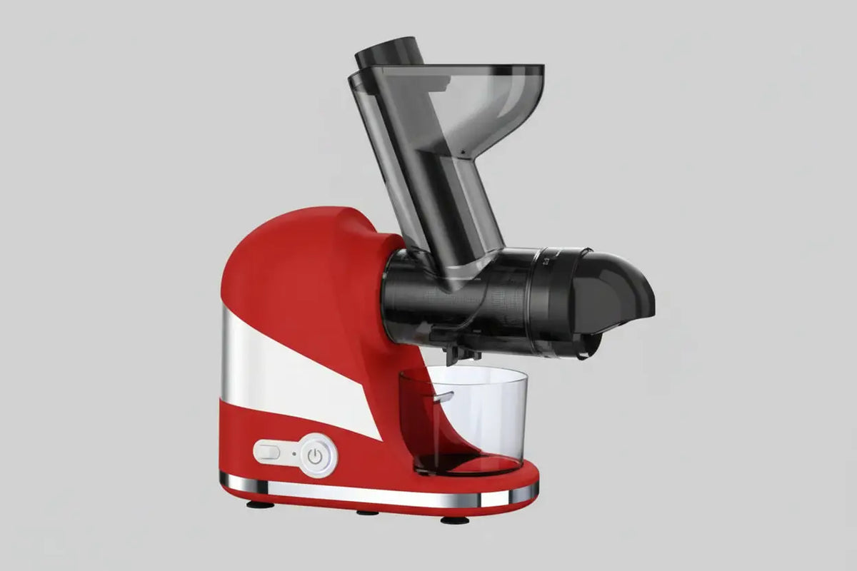 Extracteur de jus JC-90 rouge et blanc avec goulot d alimentation noir et récipient transparent pour jus frais