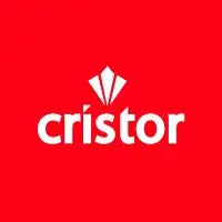Fond rouge avec logo « cristor » blanc et emblème en forme de losange au-dessus du texte.
