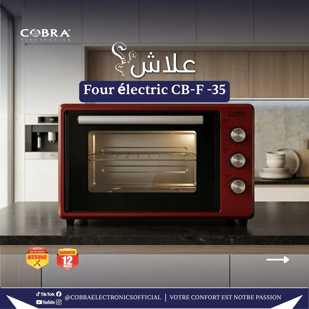 Four 35 litres red cobra electronics four electric cb-f-35 toaster oven with black glass door and three silver knobs