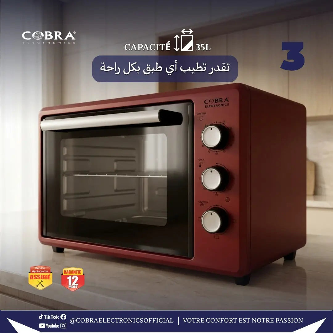 Four 35 litres red cobra toaster oven with glass door and three control knobs for efficient cooking