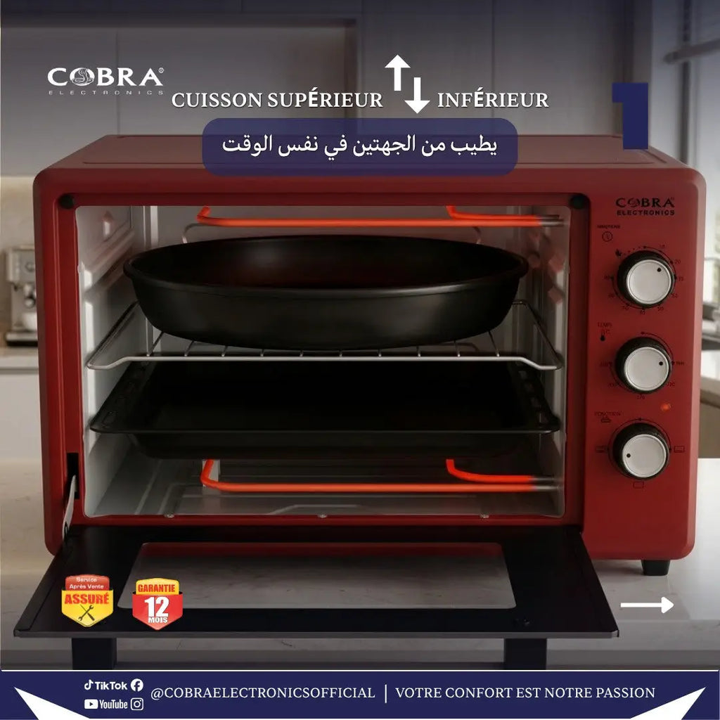 Four 35 litres four à toaster rouge cobra avec plateau noir et trois boutons blancs sur le côté droit