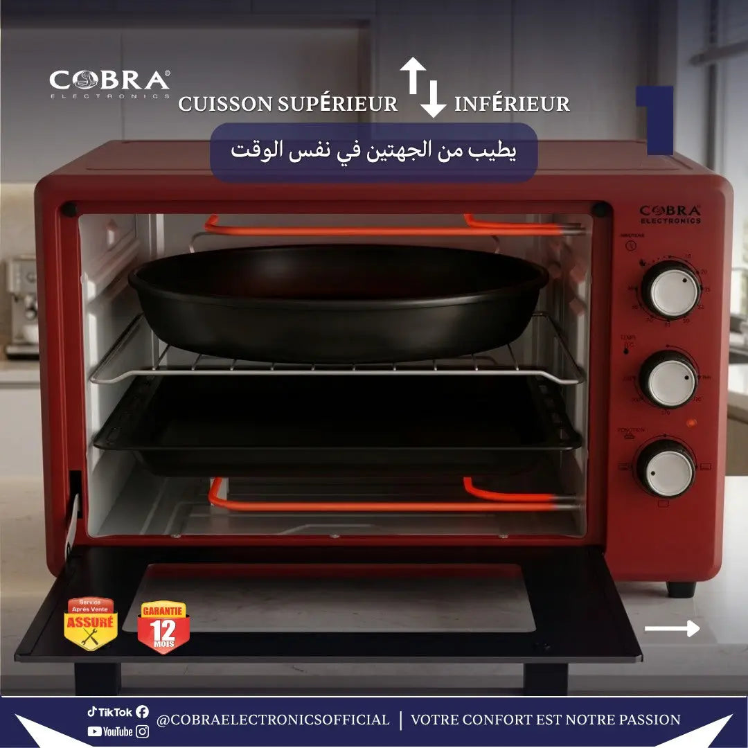 Four 35 litres four à toaster rouge cobra avec plateau noir et trois boutons blancs sur le côté droit
