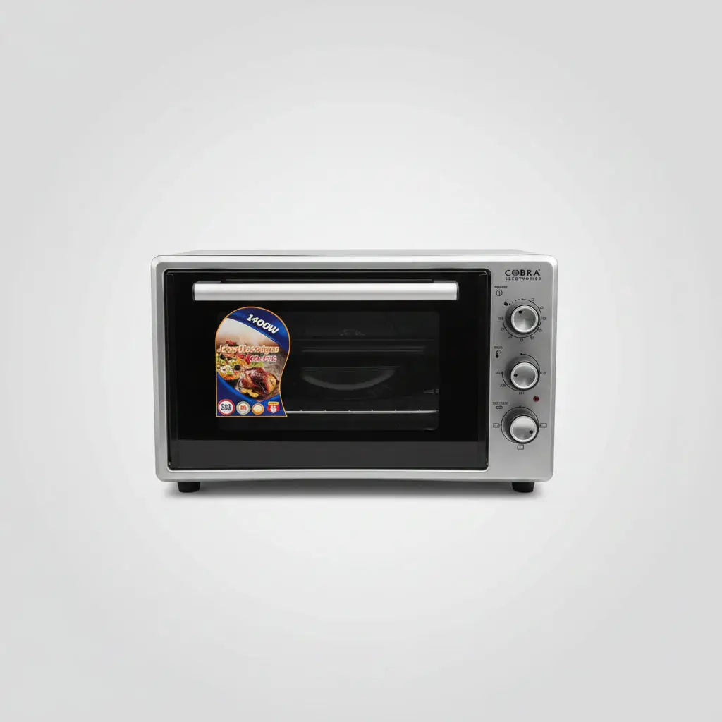 Four 35 litres Silver cobra 2000w toaster oven with black glass door and three control knobs on countertop