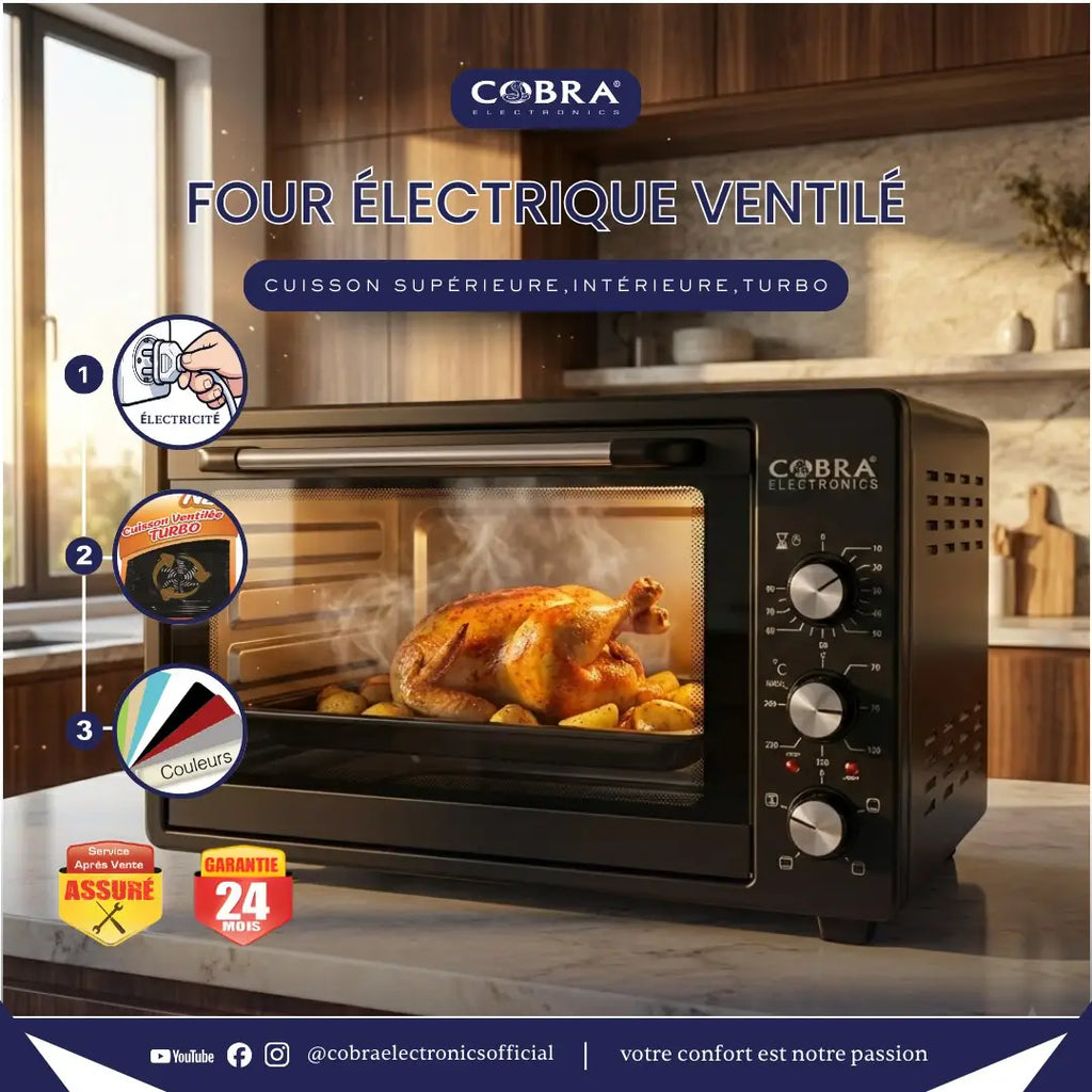 Four 35 litres black cobra electronics four électrique à convection avec porte en verre affichant poulet rôti et pommes de terre