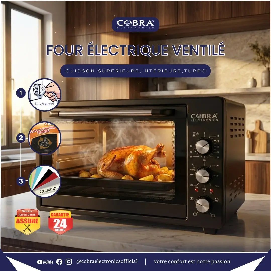 Four 35 litres black cobra electronics four électrique à convection avec porte en verre affichant poulet rôti et pommes de terre