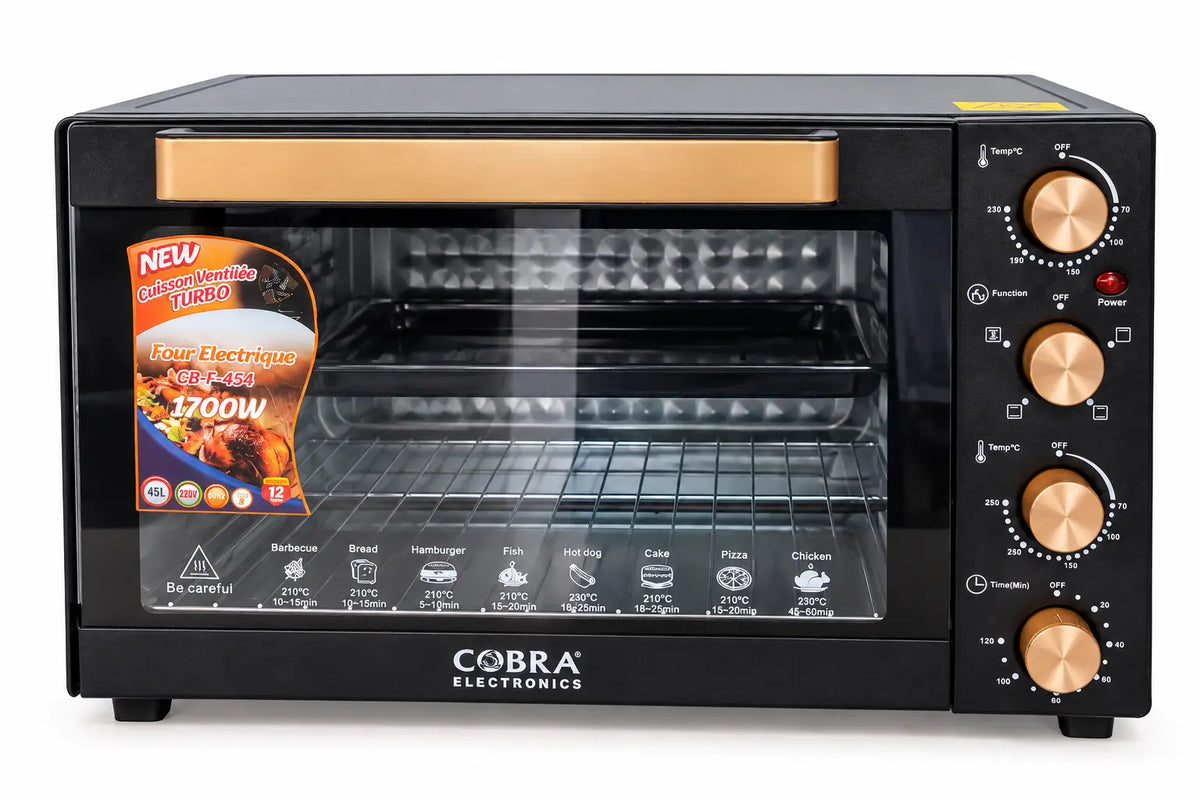 Four électrique cobra 45 litres noir avec boutons et poignée dorés et porte en verre avec réglages de cuisson visibles