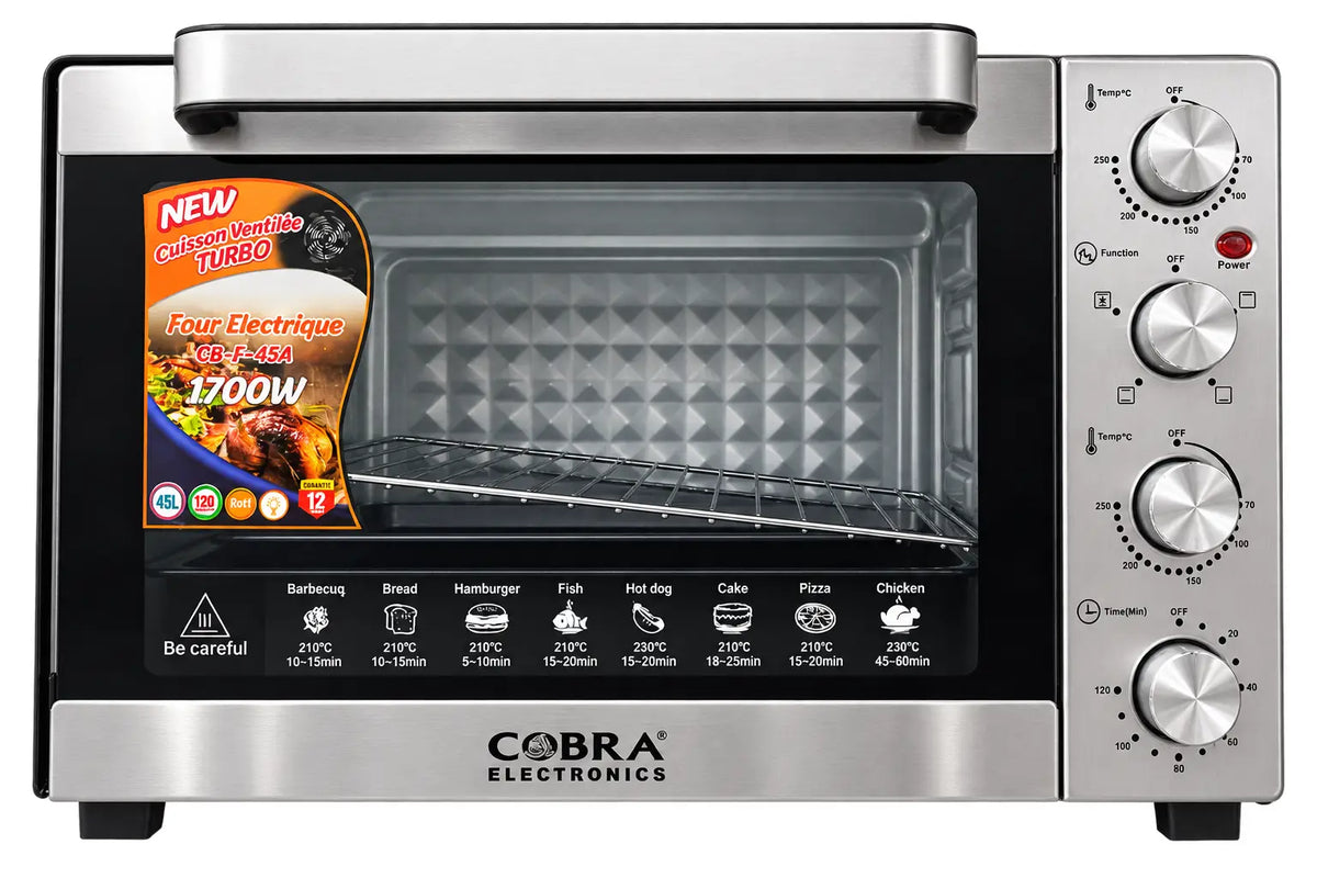 Four électrique cobra 45 litres en acier inoxydable avec porte en verre et cuisson ventilée turbo modèle ge-f-45a