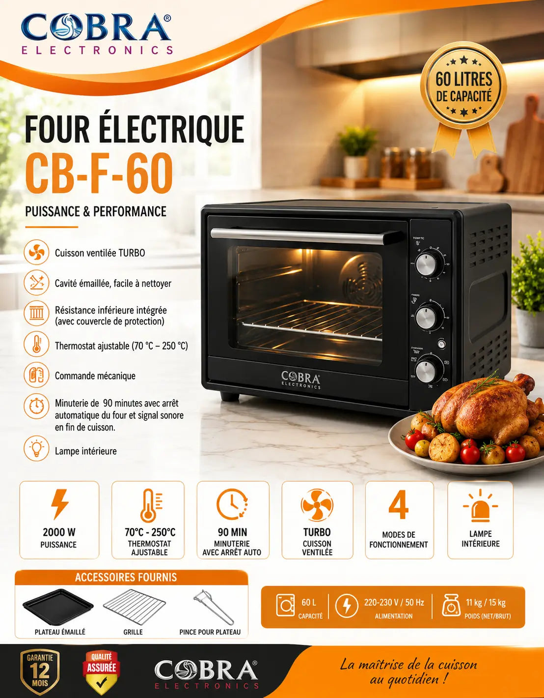 Four électrique cb-f-60 four électrique noir avec porte en verre et trois boutons de contrôle