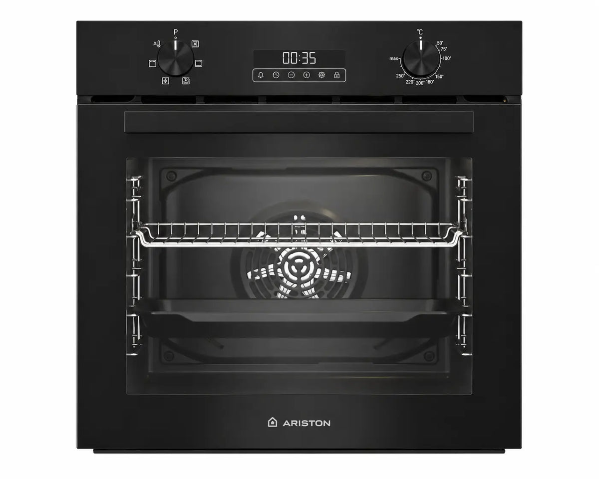 Four encastrable ariston noir 60 cm 72 l avec affichage digital et commandes rotatives pour cuisine moderne