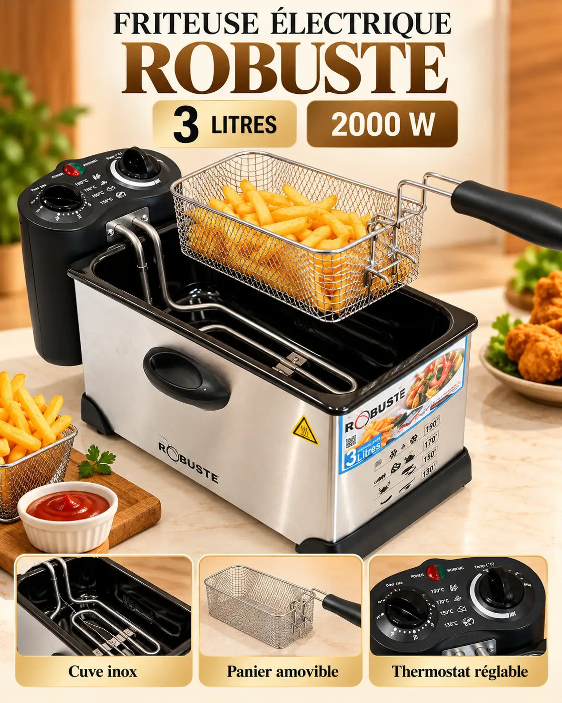 Friteuse électrique inox robuste 3 litres 2000 w avec panneau de contrôle noir et panier amovible en fil métallique