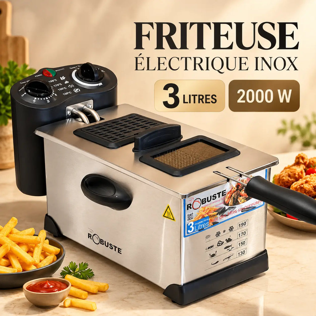 Friteuse électrique inox robuste avec panneau de contrôle noir 3 litres 2000 w pour friture rapide