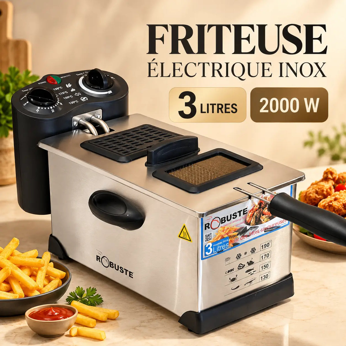 Friteuse électrique inox robuste avec panneau de contrôle noir 3 litres 2000 w pour friture rapide