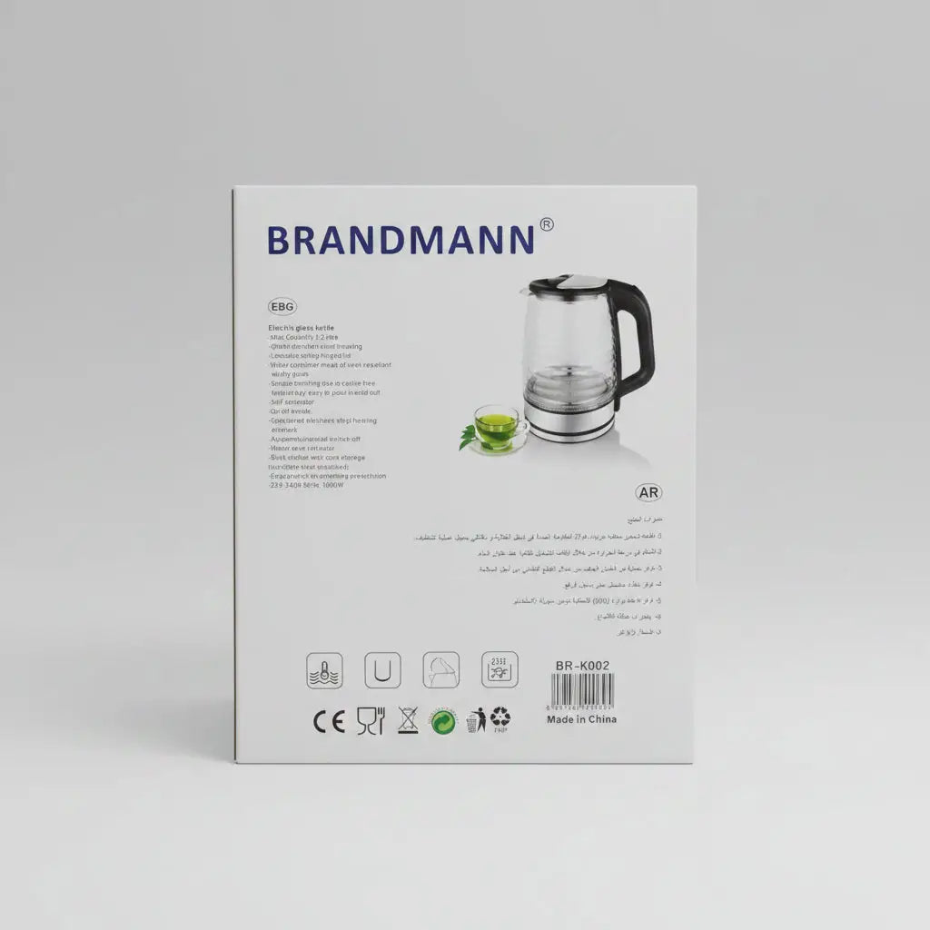 Bouilloire électrique glass kettler br-k002 brandmann avec poignée noire et base en acier inoxydable