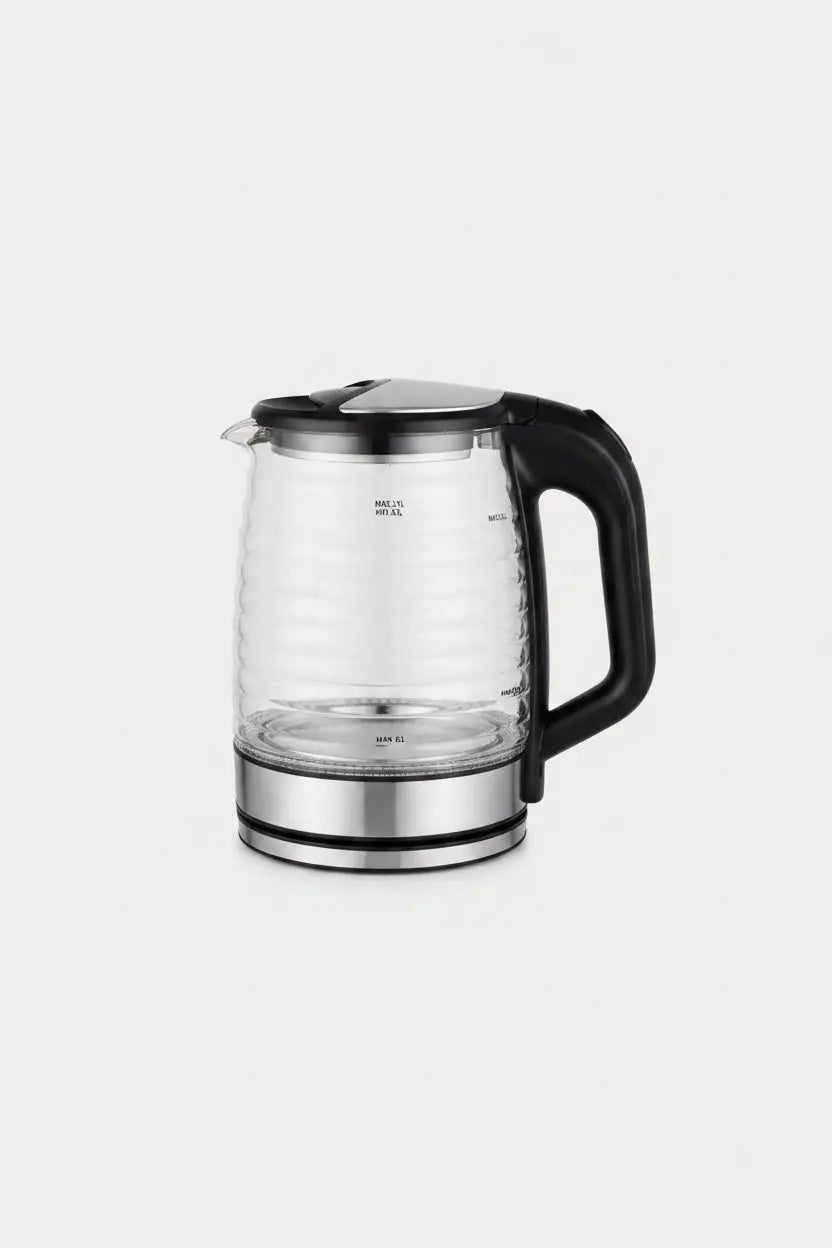Bouilloire électrique en verre clair avec poignée noire et base argentée modèle glass kettle br-kr002