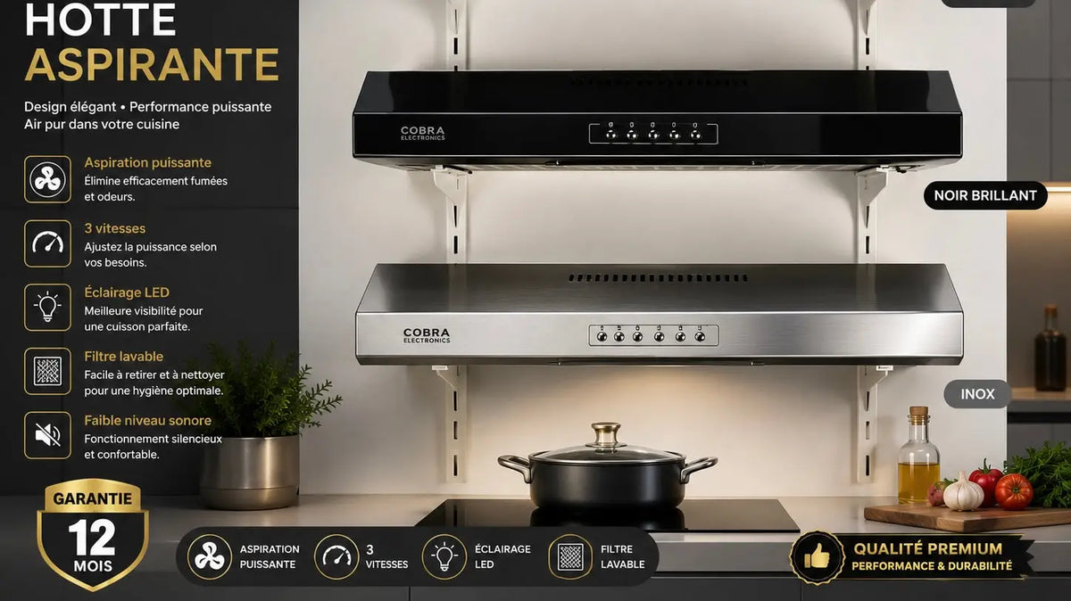 Hotte de cuisine superslim 60 cm en acier inoxydable noir avec design moderne et élégant marque cobra electronics