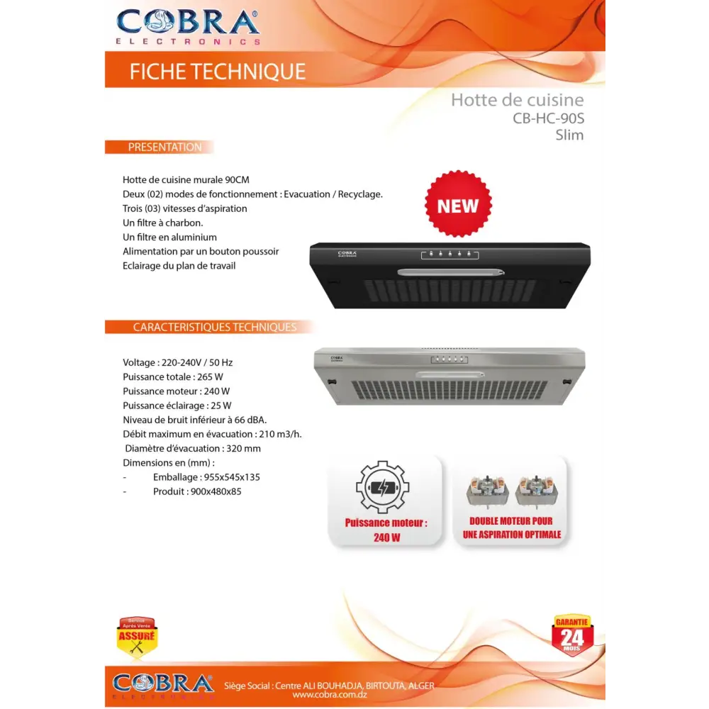 Hotte de cuisine SUPERSLIM 60 cm شفاط مطبخ سوبر سليم - Noir 90 cm DOUBLR MOTEUR - Cobra