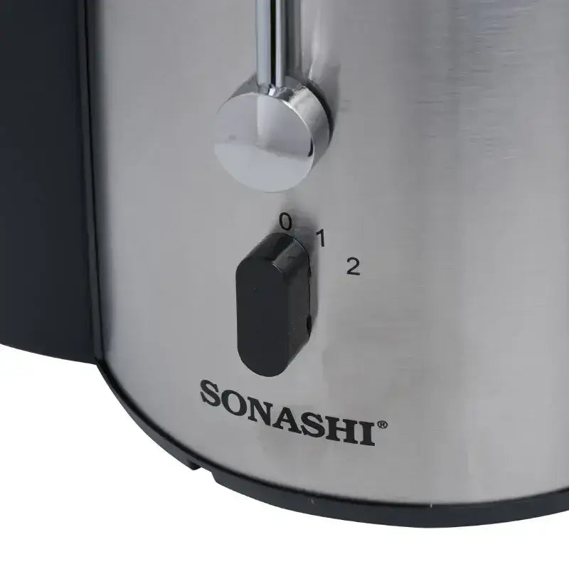Stainless steel sonashi toaster with black dial and chrome handle for juice extractor spj-501 product display