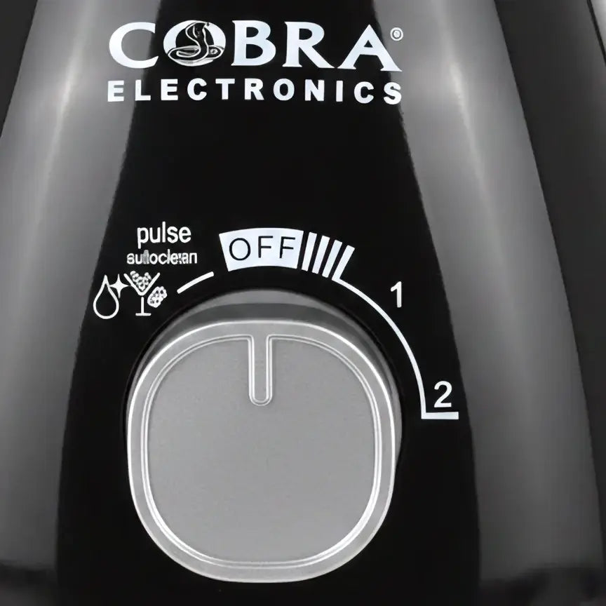 Blender noir cobra électronique avec bouton argenté pour pulse, auto-nettoyage et deux vitesses 400 watts