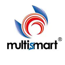 Logo Multismart présentant un design circulaire stylisé avec des éléments tourbillonnants rouges et bleus.