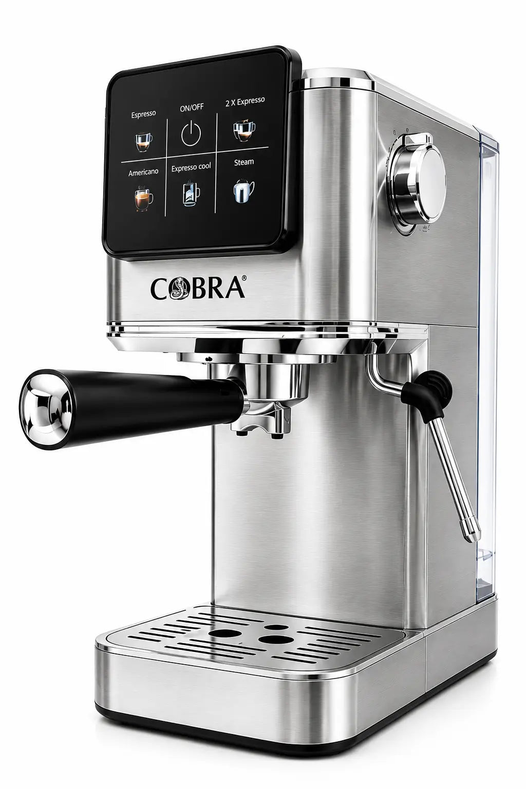 Machine a café 500 cobra en acier inoxydable avec écran tactile noir et poignée noire pour expresso