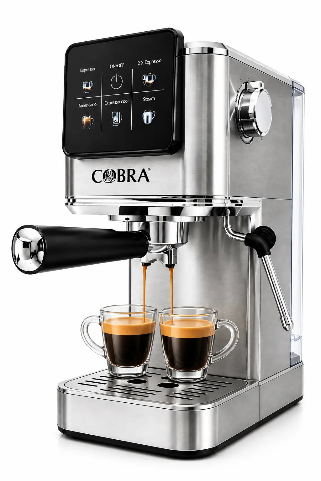Machine à café 500 cobra en acier inoxydable avec écran digital et accents noirs pour espresso de qualité