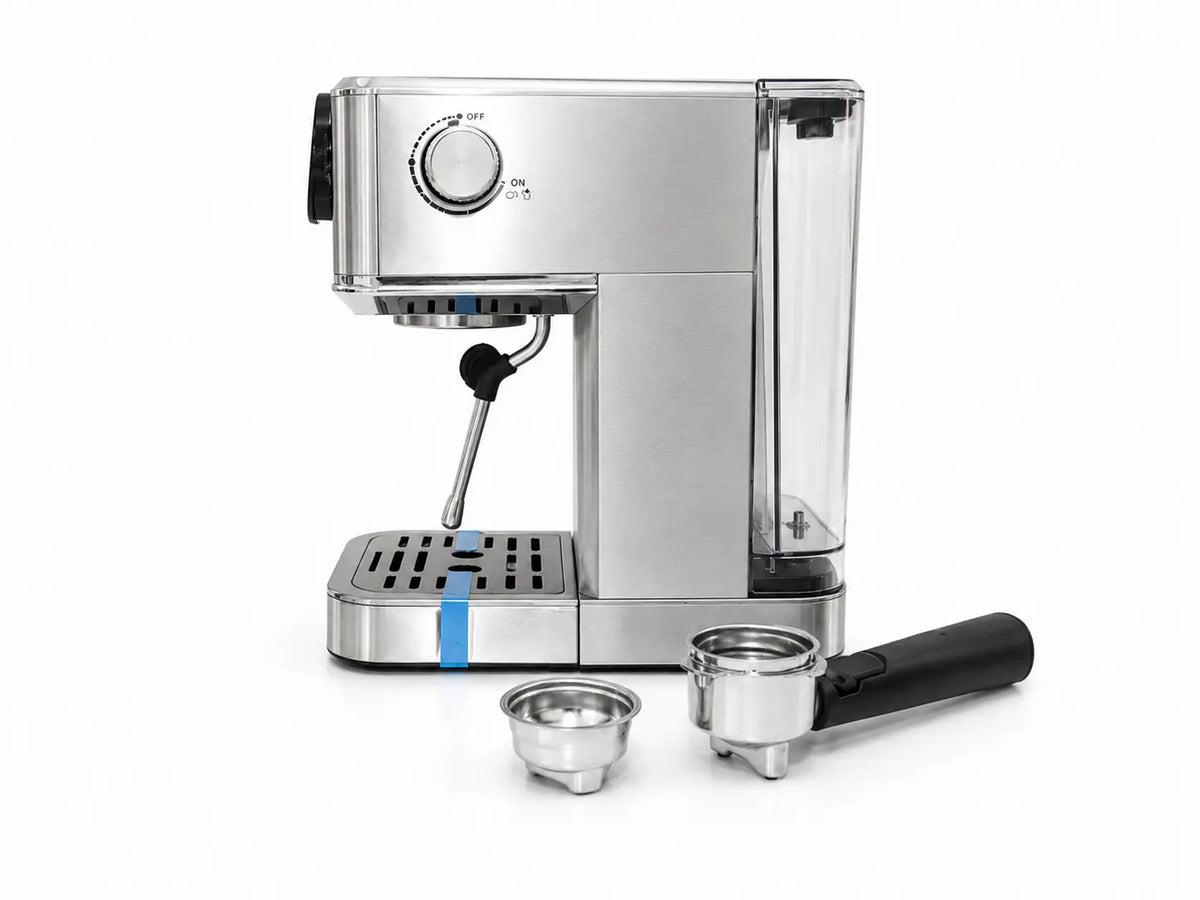 Machine a café 500 cobra en acier inoxydable avec réservoir d’eau transparent et porte-filtre noir ergonomique