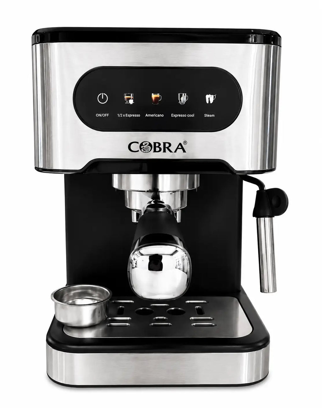 Machine a café 600 cobra avec finition inox et noir, panneau de contrôle ovale à icônes éclairées pour espresso
