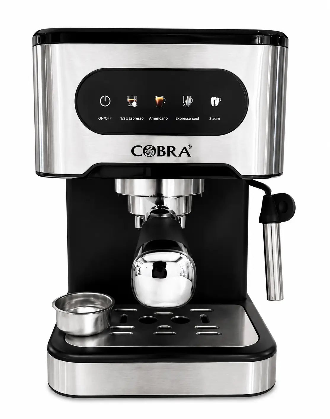 Machine a café 600 cobra avec finition inox et noir, panneau de contrôle ovale à icônes éclairées pour espresso