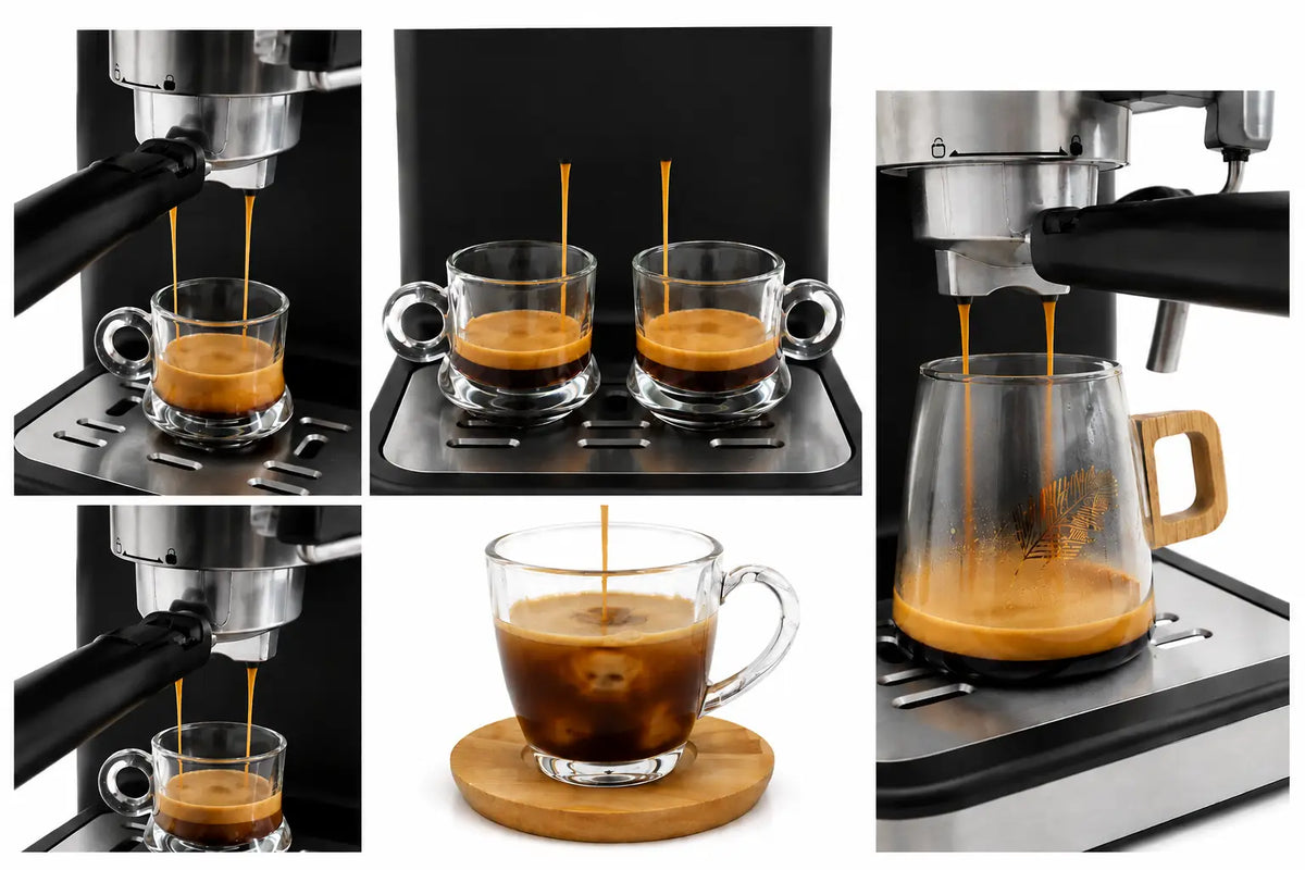 Machine à café 600 cobra noir et argent en chrome, design élégant pour préparer du café dans des tasses en verre clair