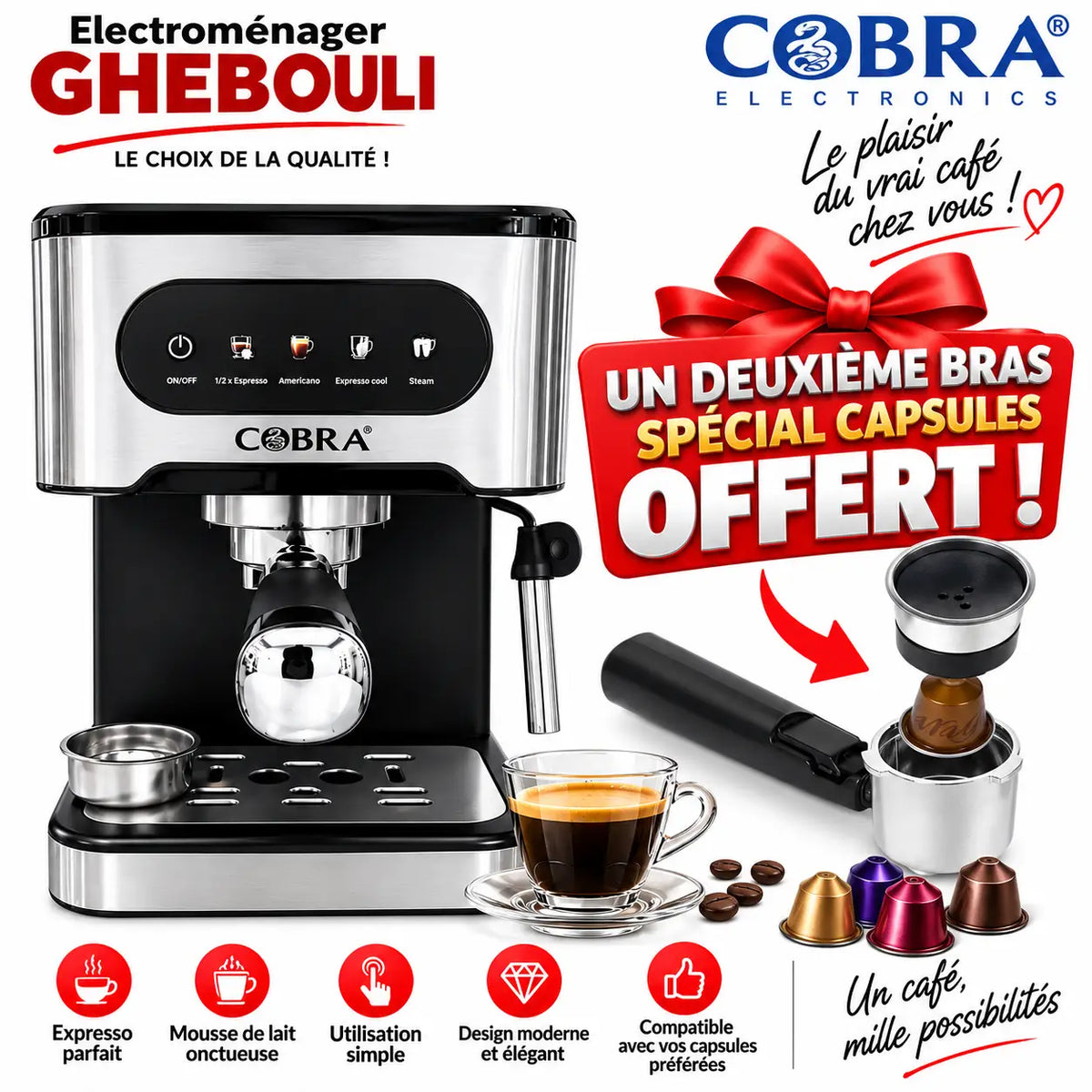 Machine à café cobra 600 en acier inoxydable et noir électroménager ghebouli au design moderne et élégant
