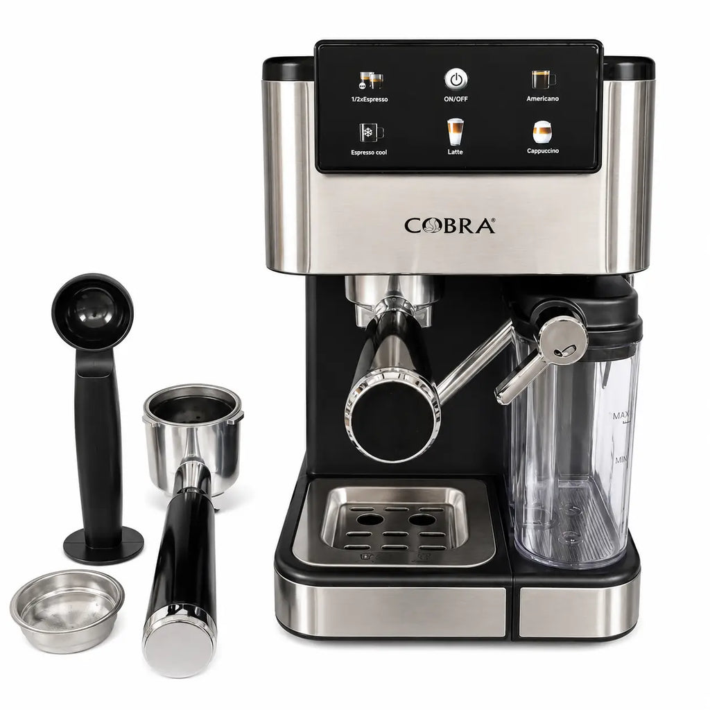 Machine a café 700 cobra en acier inoxydable et noir avec écran numérique affichant les réglages du café