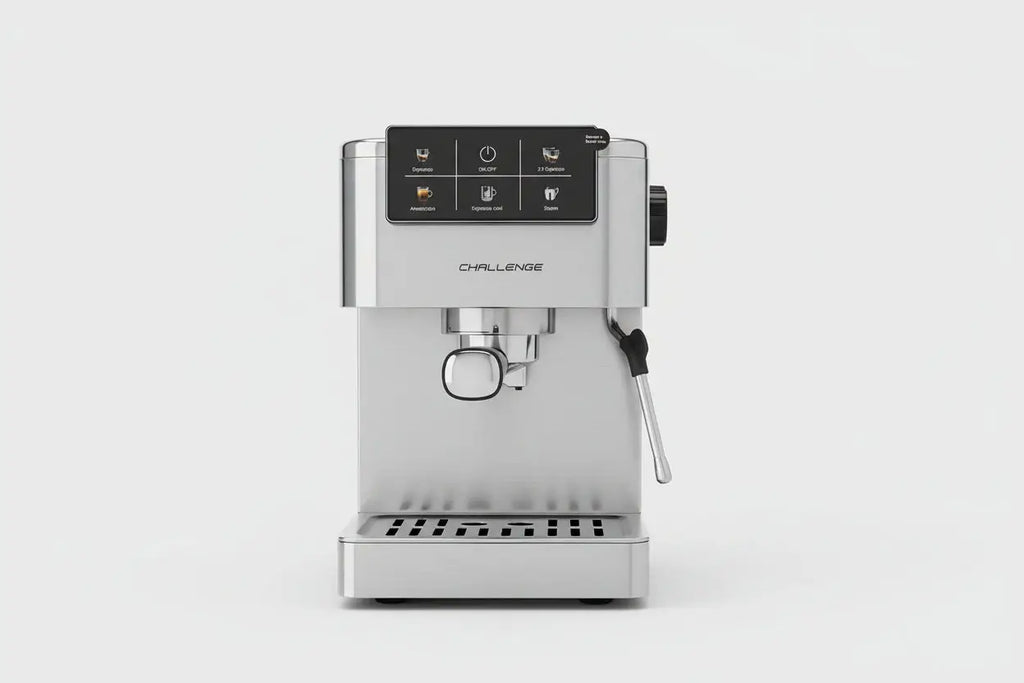 Machine à café espresso vittoria en acier inoxydable argenté avec panneau de contrôle digital et accents noirs
