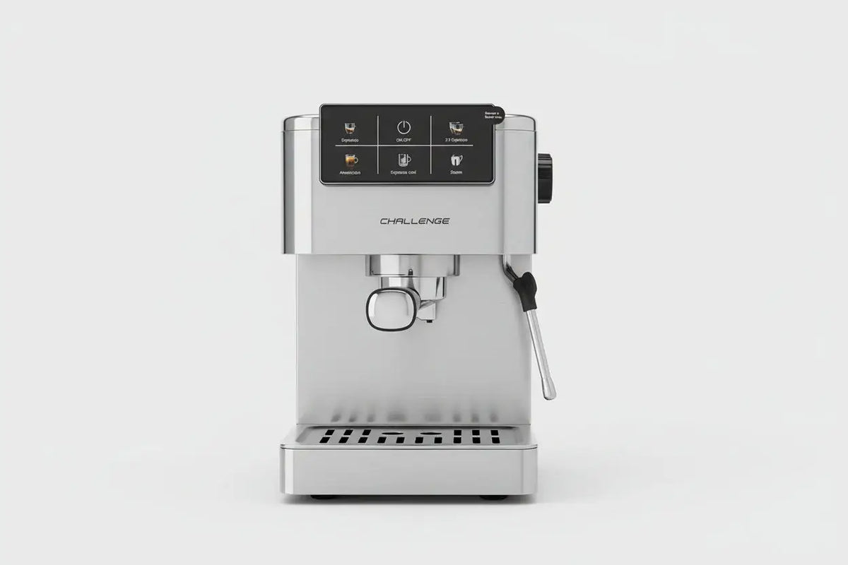 Machine à café espresso vittoria en acier inoxydable argenté avec panneau de contrôle digital et accents noirs