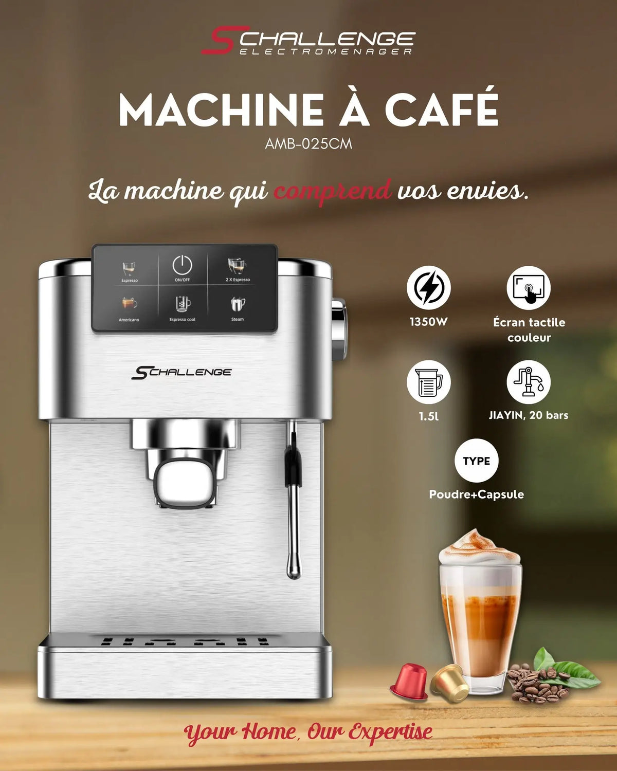 Machine à café espresso vittoria en acier inoxydable avec écran tactile couleur 20 bars amb-025cm
