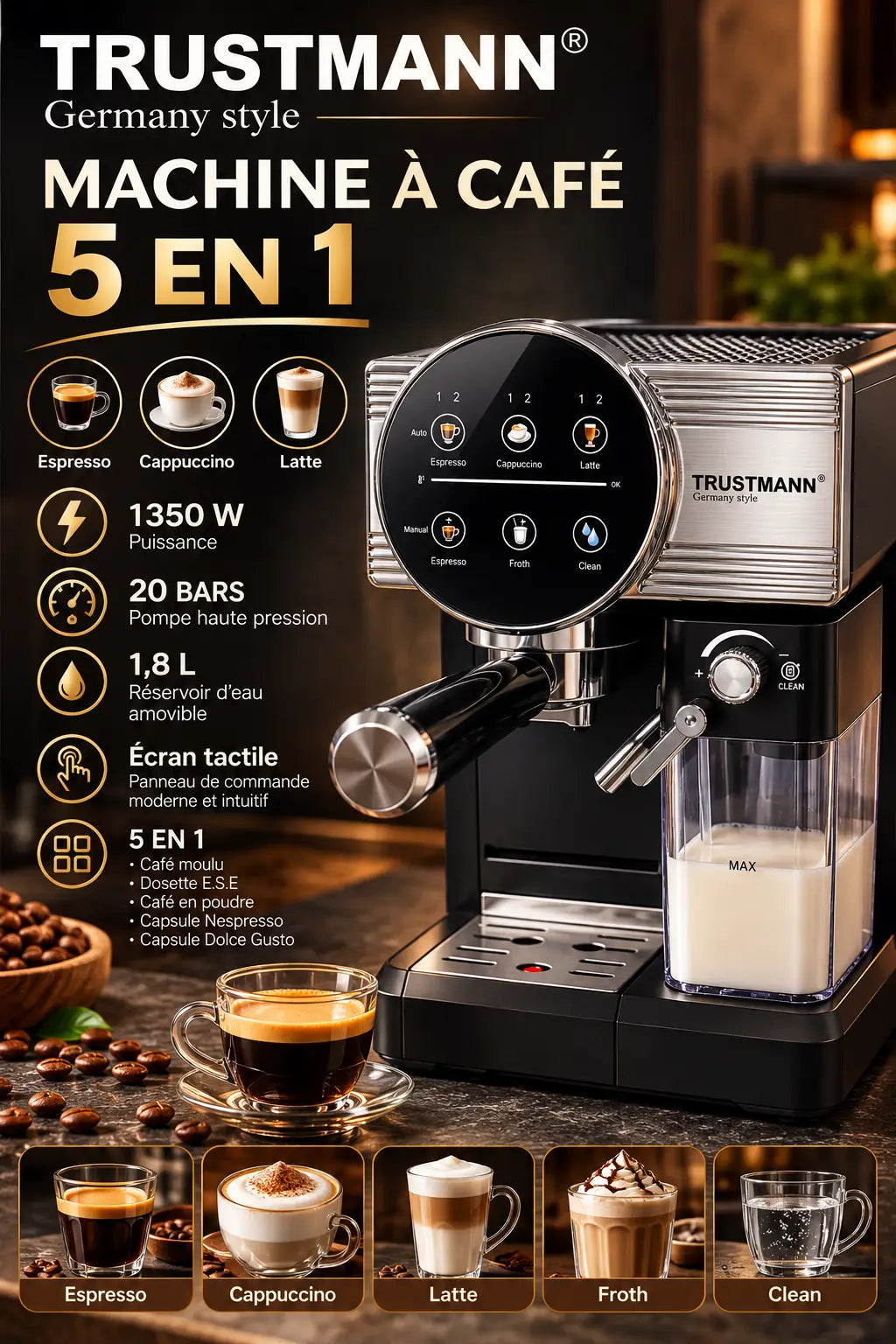 Machine à café trustmann 5 en 1 gris argenté et noir avec écran tactile numérique et 1350 w de puissance