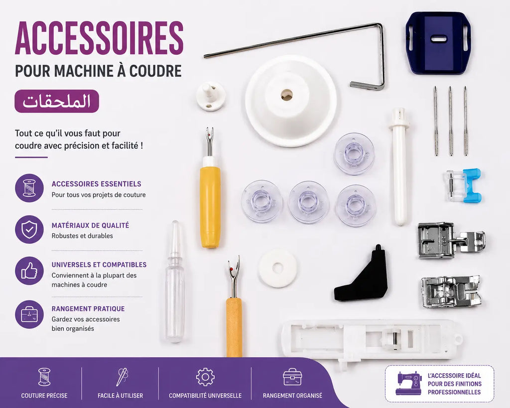 Machine à coudre 2120-V avec accessoires de couture incluant aiguilles, pieds presseurs, bobines et organiseurs