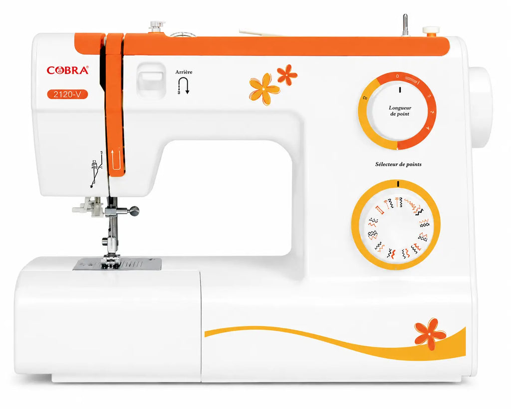 Machine à coudre 2120-v blanche et orange avec motifs floraux idéale pour travaux de couture précis et créatifs