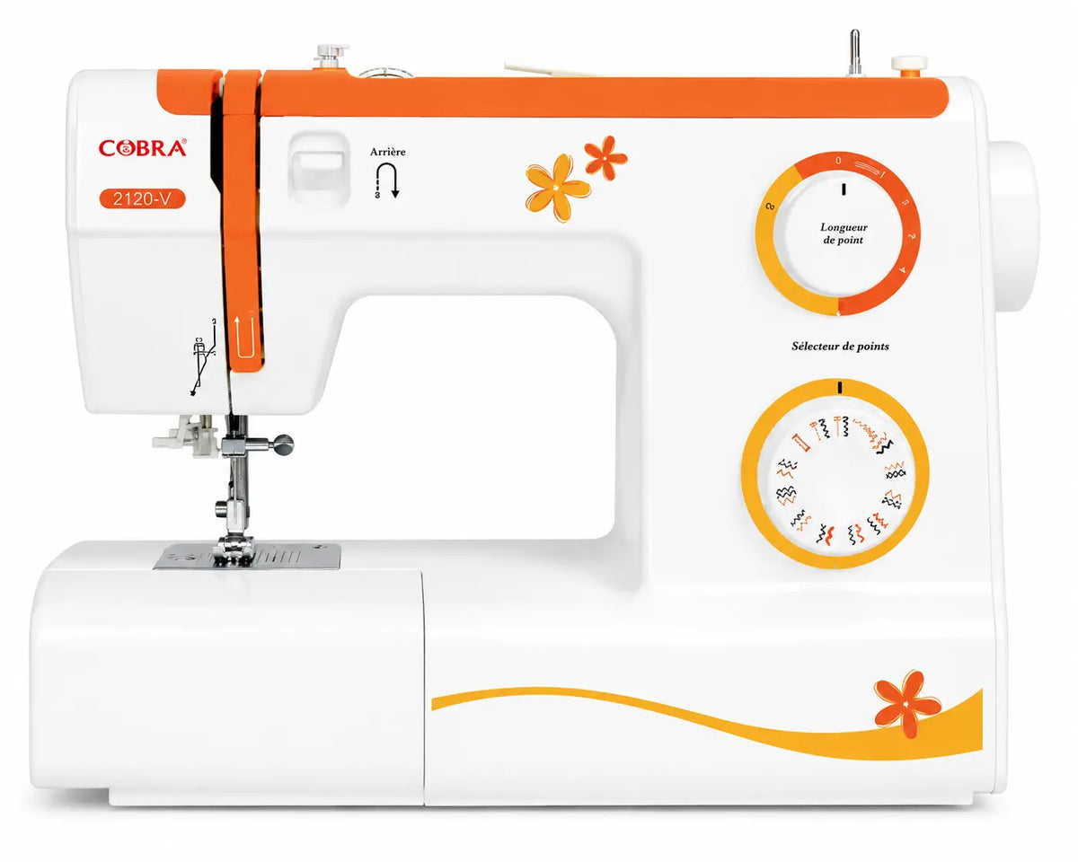 Machine à coudre 2120-v blanche et orange avec motifs floraux idéale pour travaux de couture précis et créatifs