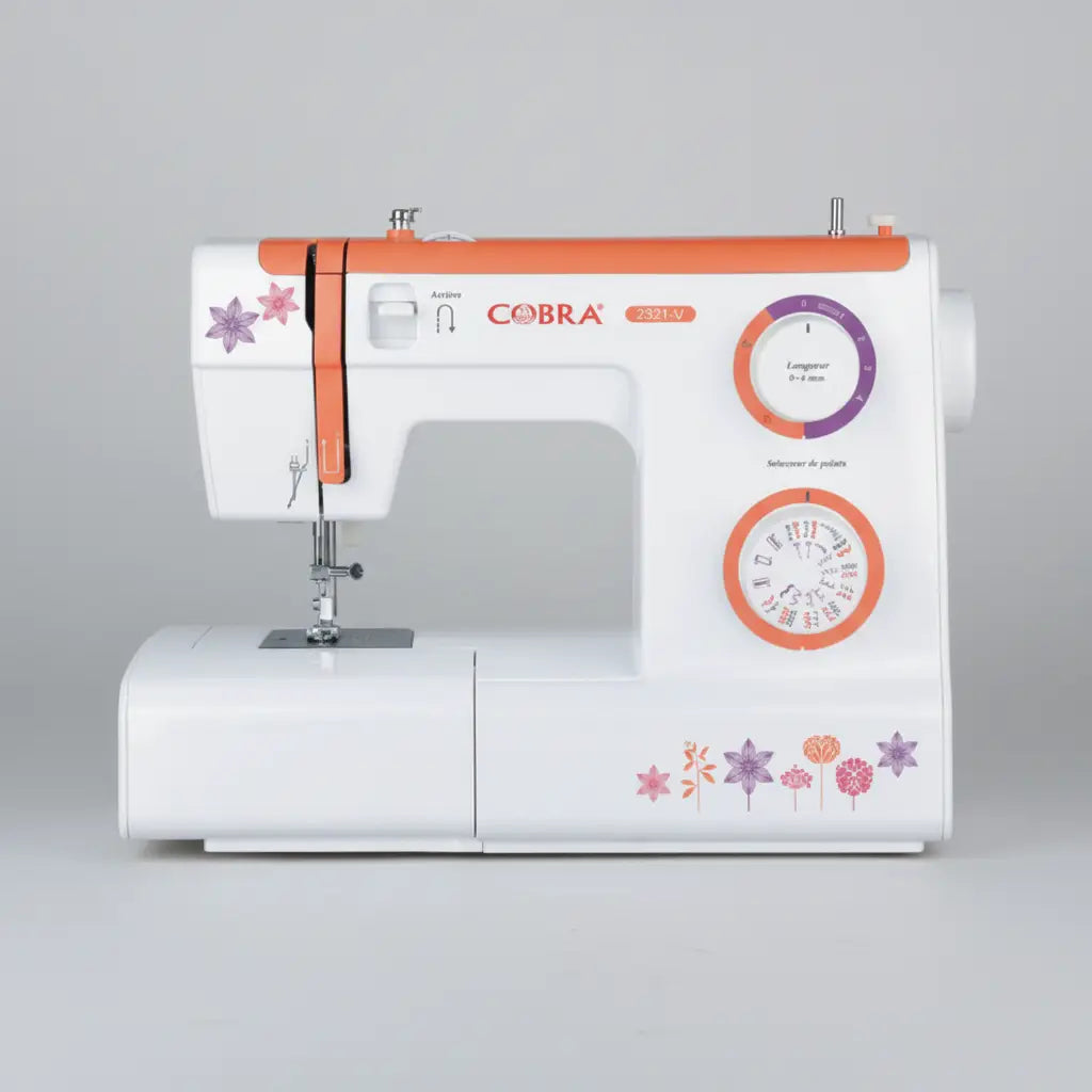 Machine à coudre 2321-v cobra 720lv blanche et orange avec décor floral pour couture polyvalente